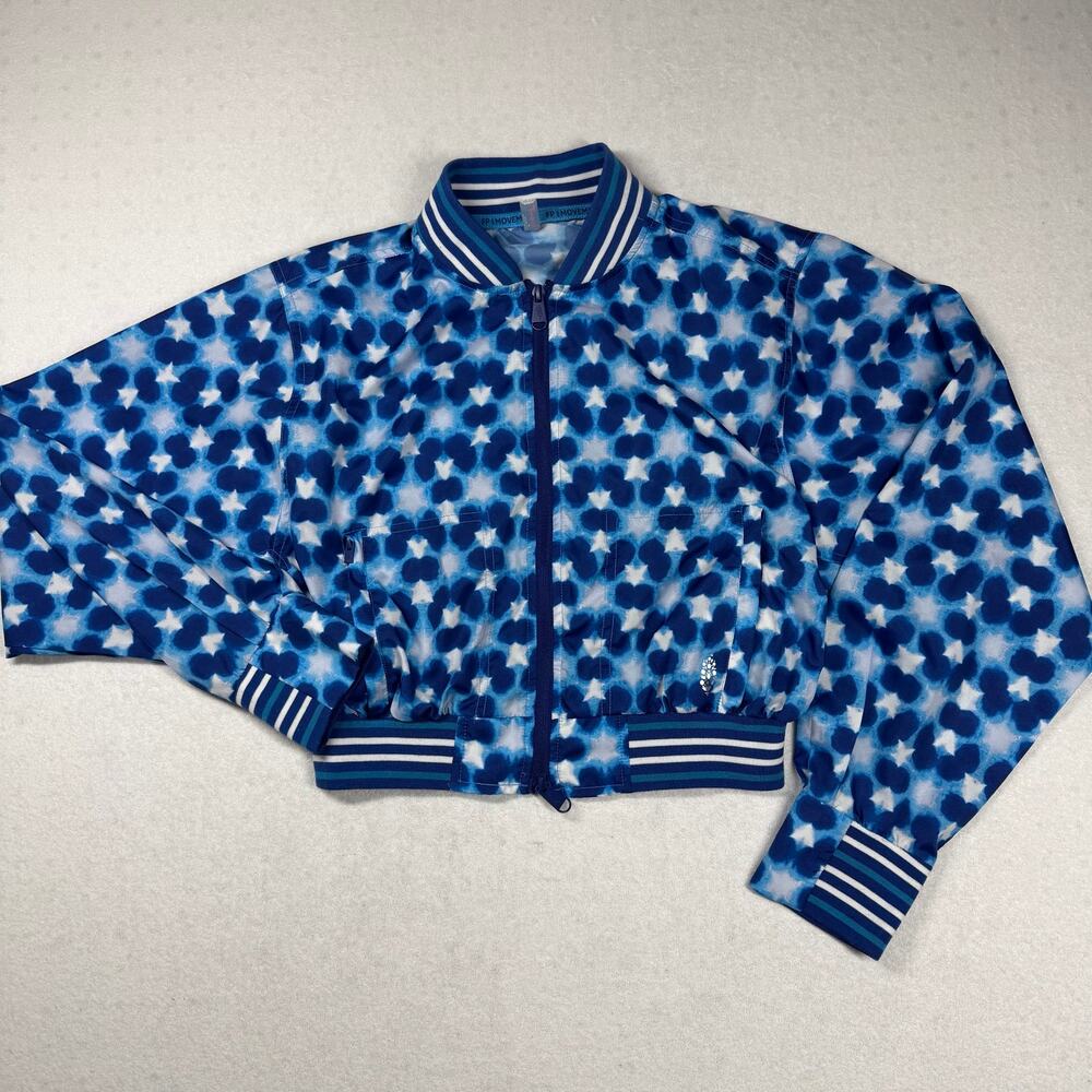Free People FP Movement Top Speed Tennis Jacket Blue Floral Bomber Size M